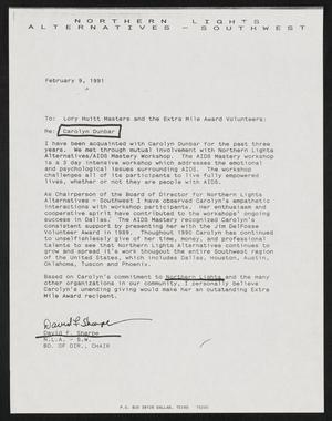 [Letter from David F. Sharpe to Lory Huitt Masters, February 9, 1991]