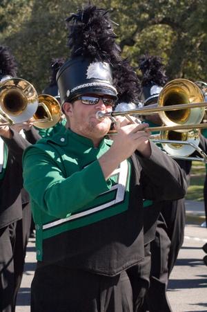 [Mean Green Brigade trombones in UNT Homecoming Parade, 2007]