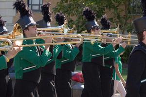 [Mean Green Brigade trombone players in UNT Homecoming Parade, 2007]