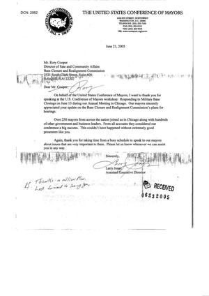Letter from U.S. Conference of Mayors to Rory Cooper dtd 21 June 2005
