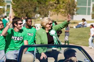 [Gretchen Bataille riding in car for UNT Homecoming parade, 2007]
