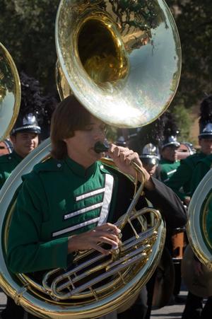 [Mean Green Brigade sousaphone in UNT Homecoming Parade, 2007]