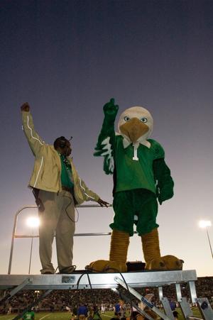 [Scrappy on stand during Homecoming game, 2007]