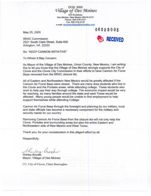 Letter from Shirly Brooks to members of the 2005 BRAC commission dtd 05/26/2005