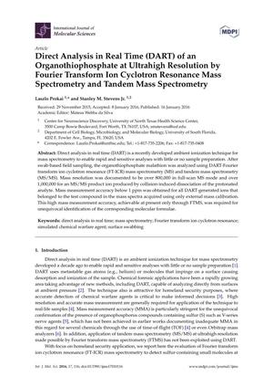 Primary view of object titled 'Direct Analysis in Real Time (DART) of an Organothiophosphate at Ultrahigh Resolution by Fourier Transform Ion Cyclotron Resonance Mass Spectrometry and Tandem Mass Spectrometry'.