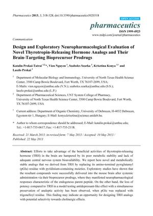 Design and Exploratory Neuropharmacological Evaluation of Novel Thyrotropin-Releasing Hormone Analogs and Their Brain-Targeting Bioprecursor Prodrugs