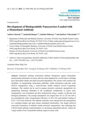 Primary view of object titled 'Development of Biodegradable Nanocarriers Loaded with a Monoclonal Antibody'.