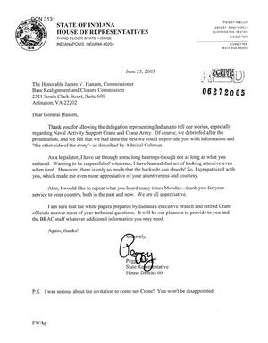 Executive Correspondence - Letter from Indiana State Representative Peggy Welch to Commission
