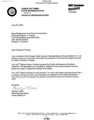 Executive Correspondence – Letter dtd 06/20/05 to Chairman Principi from OR State Representative Carolyn Tomei
