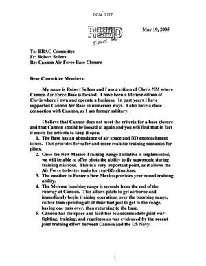 Letter from Robert Sellers in support of Cannon AFB