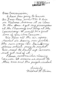 Letter from Mildred M. Livan to the Commission in support of Cannon AFB.