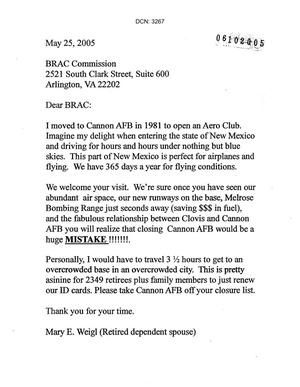 Letter from Mary E. Weigl to the Commission in support of Cannon AFB.
