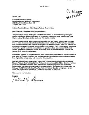 Letter from Patrick J. Shannon to the Commission in support of Niagra Falls Air Reserve Base.