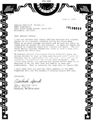 Letter from Adelaide Speck to the Commission in support of Cannon AFB