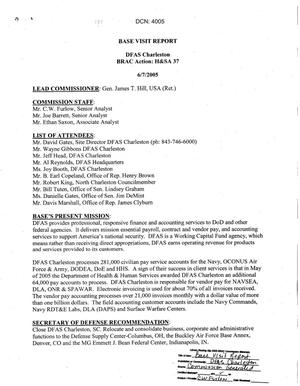 Base Visit Report from BRAC Commission Visit to DFAS Charleston, SC dtd 7 June 2005