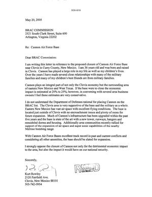 Letter from Kurt Rowley to Commission Regarding Cannon AFB