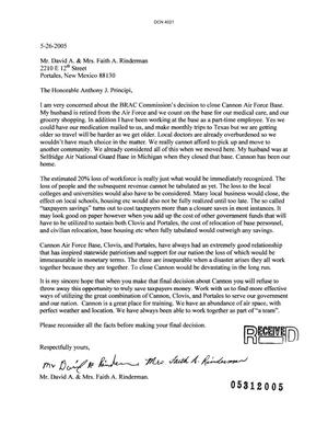 Letter from Mr. and Mrs David A. Rinderman to Commission Regarding Cannon AFB