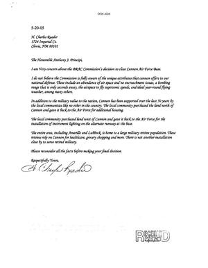 Letter from H. Charles Reader to Commission Regarding Cannon AFB
