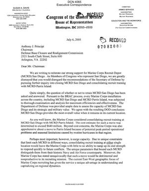 Executive Correspondence – Letter dated 7/6/2005 to Chairman Principi from Representatives Davis, Hunter, Cunningham, and Filner and Senators Feinstein and Boxer