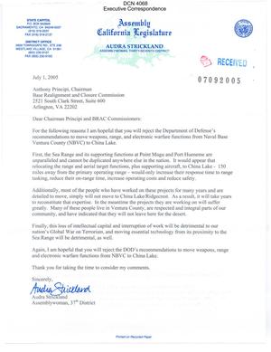 Executive Correspondence – Letter to the Chairman dated 7/1/2005 from Audra Strickland Assemblywoman, 37th District