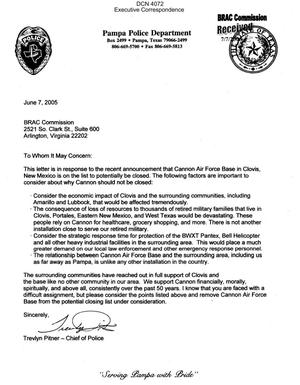 Executive Correspondence – Letter dated 7/7/2005 to the BRAC Commission from Trevlyn Pitner, Chief of Police of the Police Department of Pampa TX