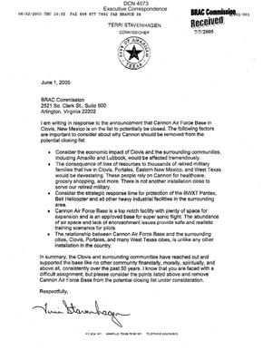Executive Correspondence – Letter dated 6/1/2005 to the BRAC Commission from Terri Stavenhagen Commissioner of the City of Amarillo TX