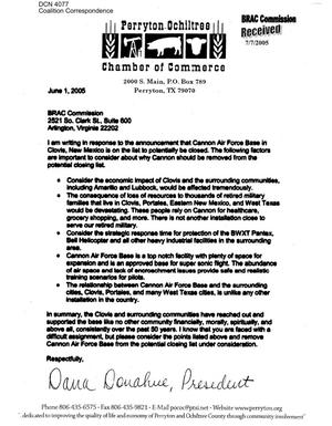 Coalition Correspondence – Letter dated 6/1/2005 to the BRAC Commission from Dana Donahue, President of the Perryton Ochiltree Chamber of Commerce