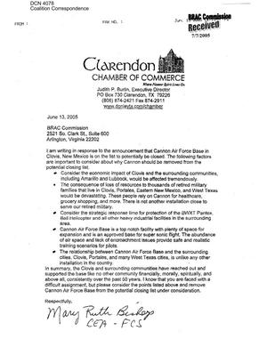 Coalition Correspondence – Letter dated 06/13/05 to the Commission from the Clarendon Chamber of Commerce in Clarendon TX