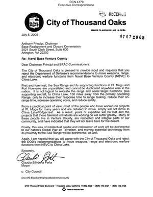 Executive Correspondence – Letter dated 7/5/2005 to the Chairman and all Commissioners from City of Thousand Oaks Mayor Claudia Bill-de la Pena