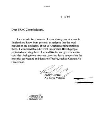 Letter from Randy Gomez to the BRAC Commission dtd 19 May 2005