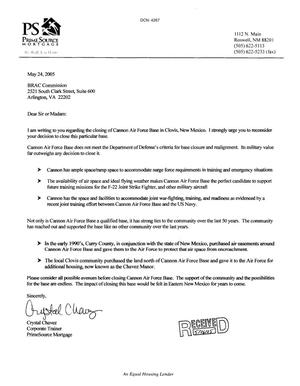 Letter from Crystal Chavez to the BRAC Commission dtd 24 May 2005