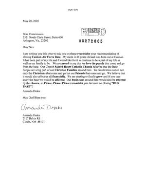 Letter from Amanda Drake to the BRAC Commission dtd 20 May 2005