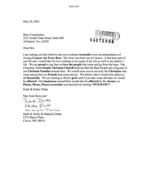 Letter from the Drake family to the BRAC Commission dtd 20 May 2005