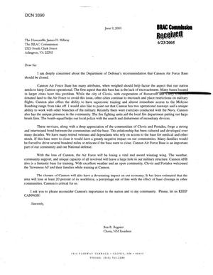 Letter from Rex R. Regnier to Commission regarding Closure of Cannon AFB