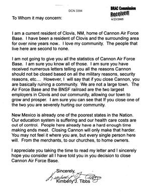 Letter from  Kimberly Tibbs to Commission regarding Closure of Cannon AFB