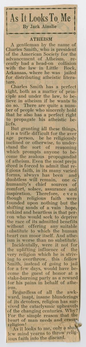 [Clipping: As It Looks to Me - Atheism]