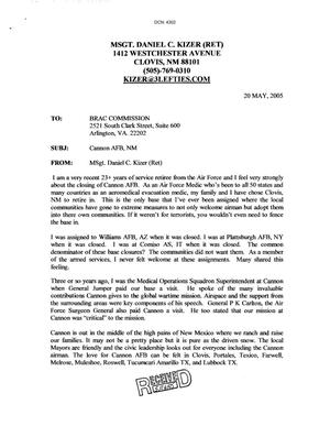 Letter from MSGT. Daniel C. Kizer to the BRAC Commission dtd 20 May 2005
