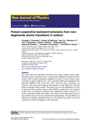 Primary view of object titled 'Pulsed cooperative backward emissions from non-degenerate atomic transitions in sodium'.