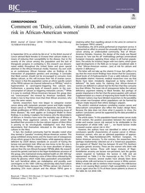 Primary view of object titled 'Comment on ‘Dairy, calcium, vitamin D, and ovarian cancer risk in African-American women’'.