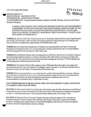 Executive Correspondence – Resolution 05-12 of 06/21/05 from the City of Fairview Park OH