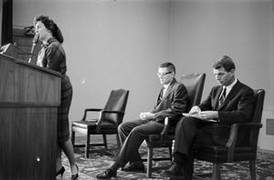 [Woman at podium with Robert F. Kennedy behind her, 2]