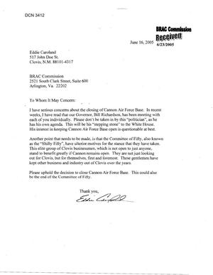 Letter from  Eddie Caroland to Commission regarding Closure of Cannon AFB