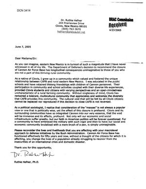 Letter from Dr. Ruthie Hefner, Ph.D to Commission Regarding Closure of Cannon AFB