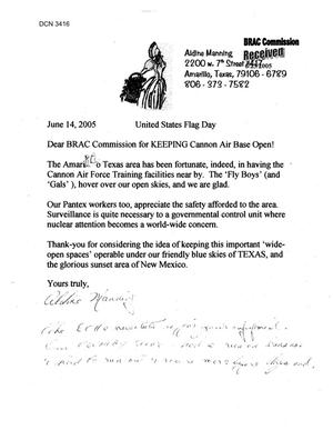 Letter from  A. Manning to Commission regarding Closure of Cannon AFB