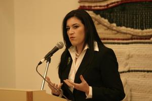 [Young woman speaking at 2004 La Raza event 4]