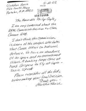 Letter from Gretchen Haase to the BRAC Commission dtd 20 May 2005