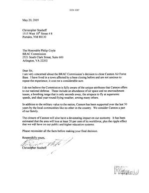Letters from Christopher Stasheff to the Commission dtd 20 May 2005