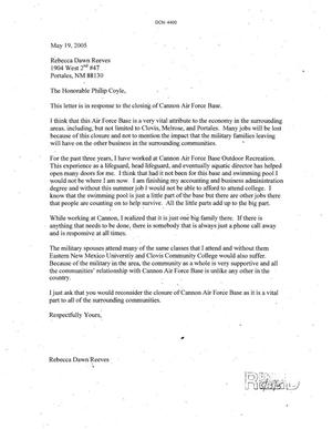 Letters from Rebecca Dawn Reeves to the Commission dtd 19 May 2005