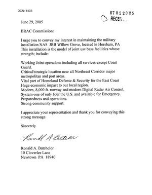 Letter from Ronald A. Batchelor to the Commission in regards to NAS JRB Willow Grove.