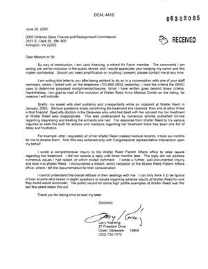 Letter from Larry Koewing to the Commission in regards to Walter Reed